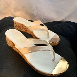 Cathy Jean white patent leather cork sandal